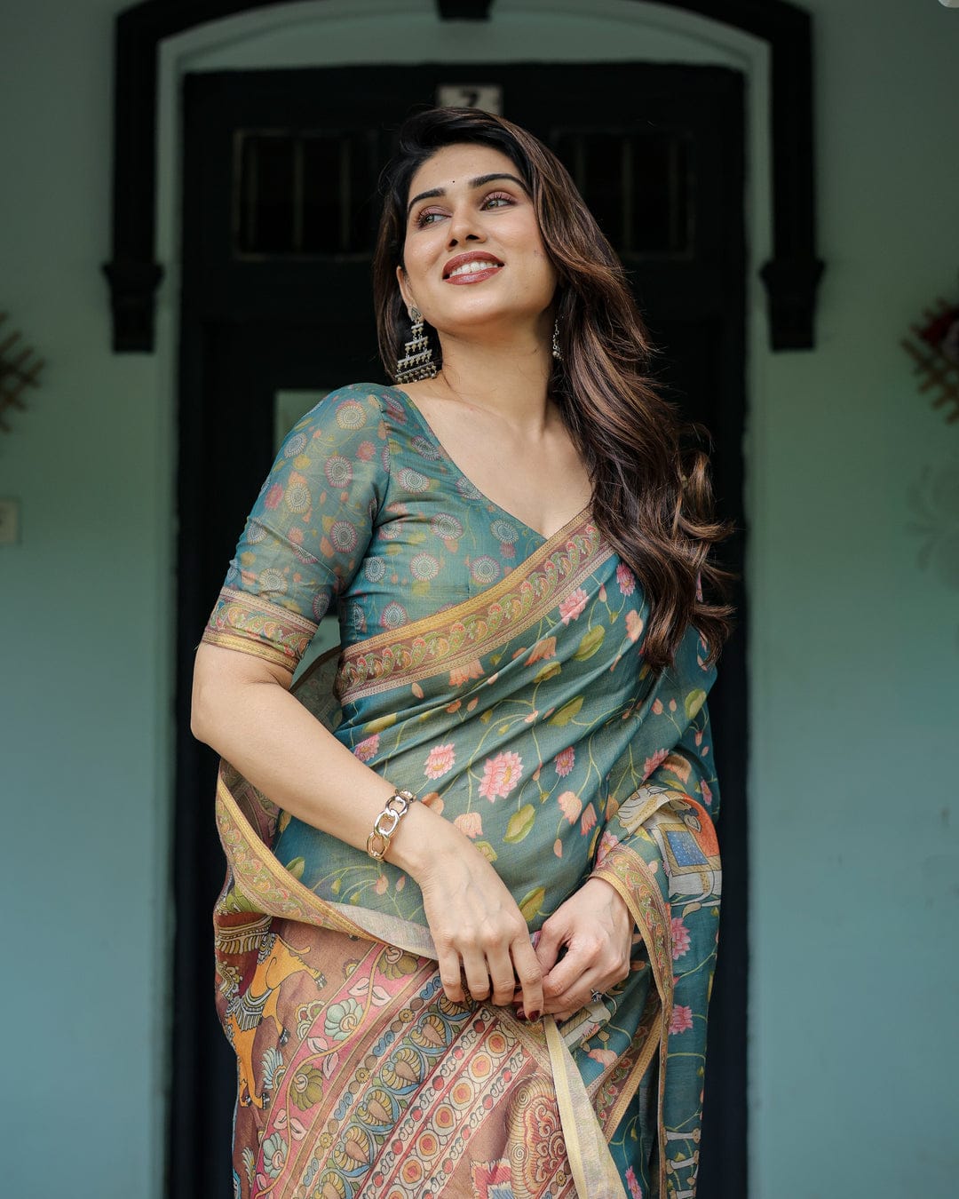 Elegant Teal Blue Floral Kalamkari Silk-Blend Saree with Heritage Borders