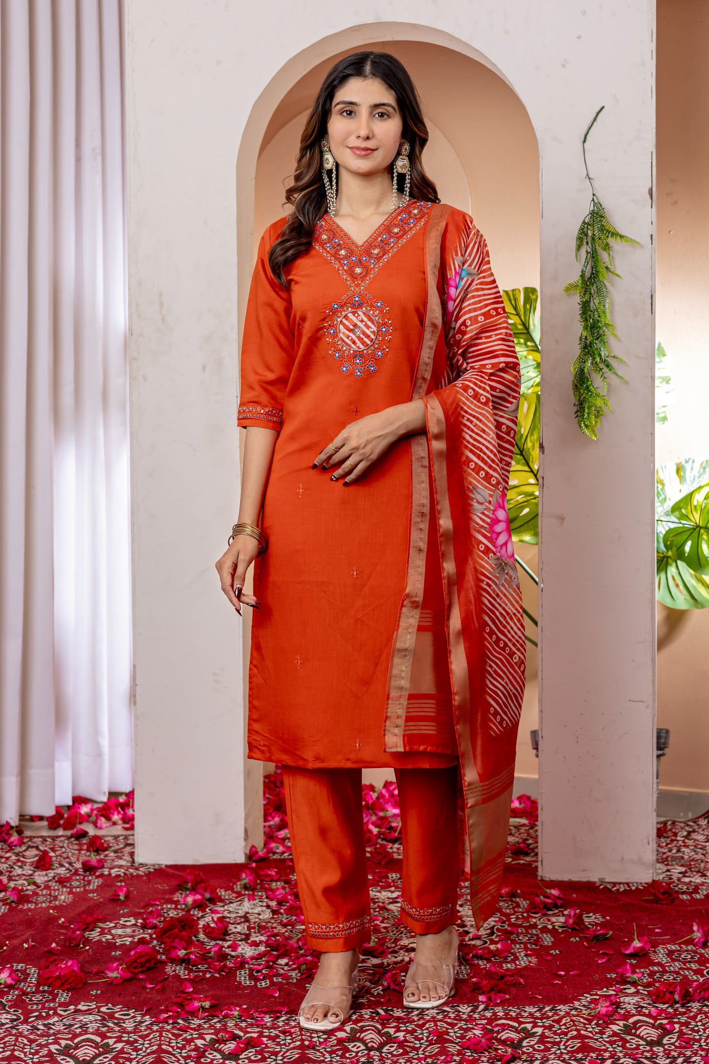 Elegant Silk Straight Pant-Suit Sets in Three Royal Shades Adorned with Exquisite Hand-Embroidered Necklines ✨