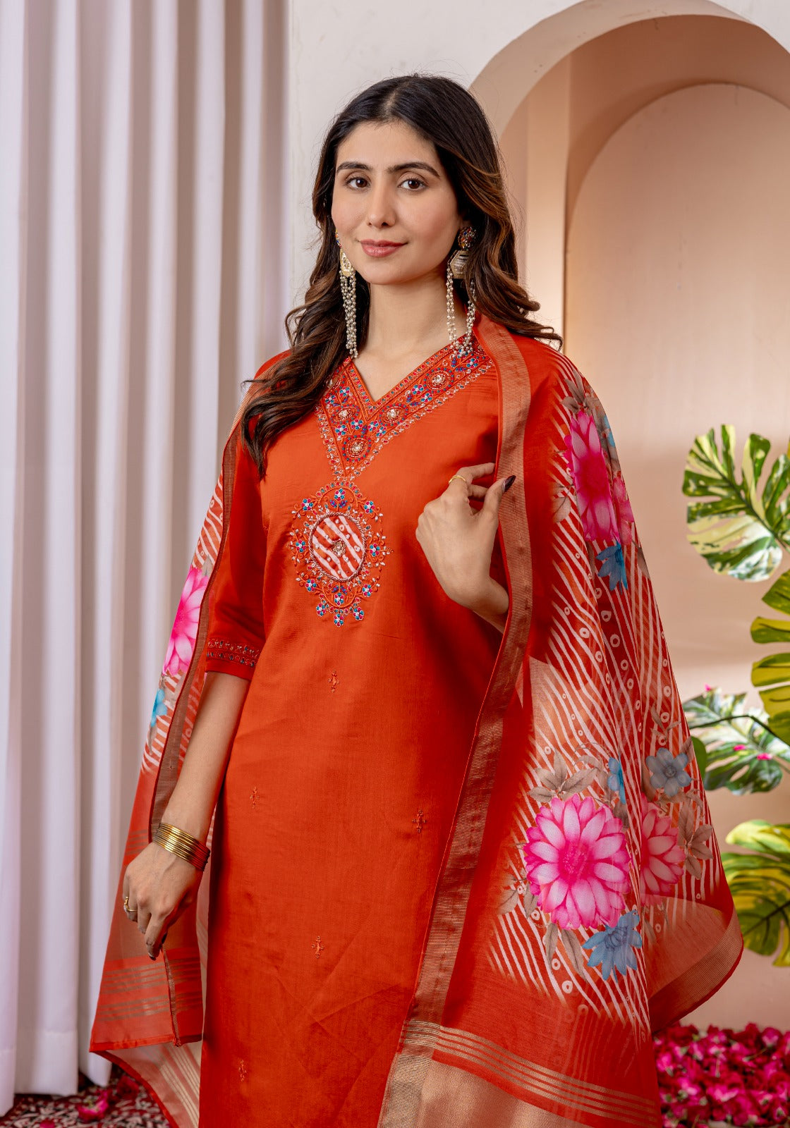Elegant Silk Straight Pant-Suit Sets in Three Royal Shades Adorned with Exquisite Hand-Embroidered Necklines ✨