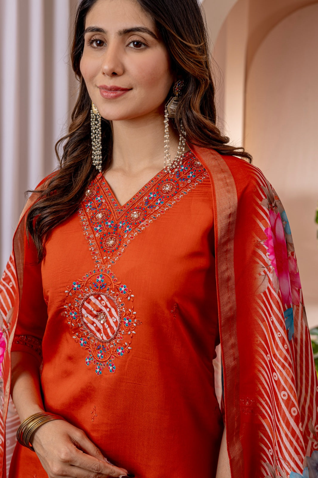Elegant Silk Straight Pant-Suit Sets in Three Royal Shades Adorned with Exquisite Hand-Embroidered Necklines ✨