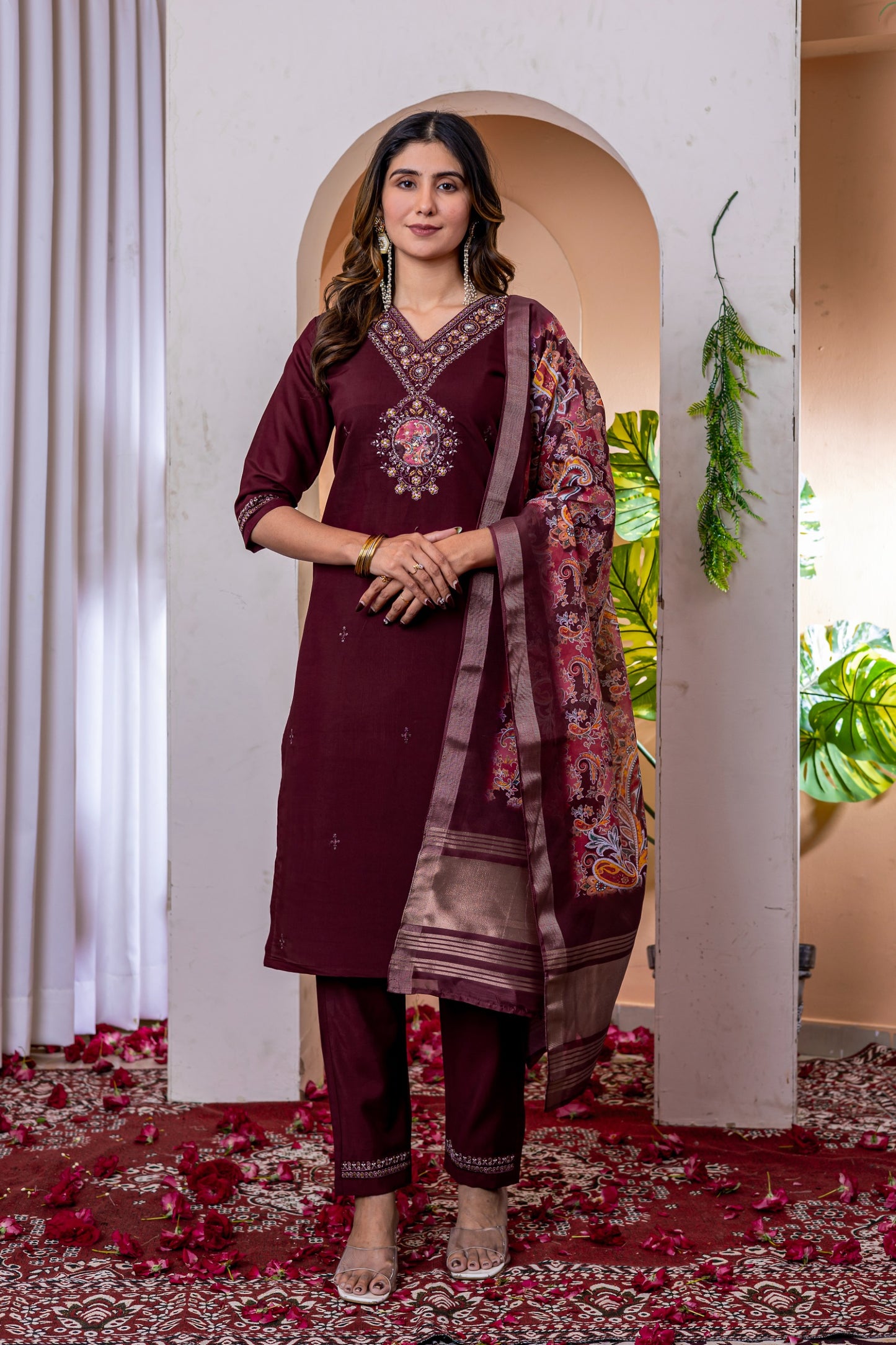 Elegant Silk Straight Pant-Suit Sets in Three Royal Shades Adorned with Exquisite Hand-Embroidered Necklines ✨
