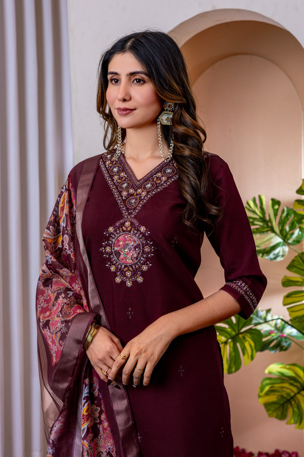 Elegant Silk Straight Pant-Suit Sets in Three Royal Shades Adorned with Exquisite Hand-Embroidered Necklines ✨