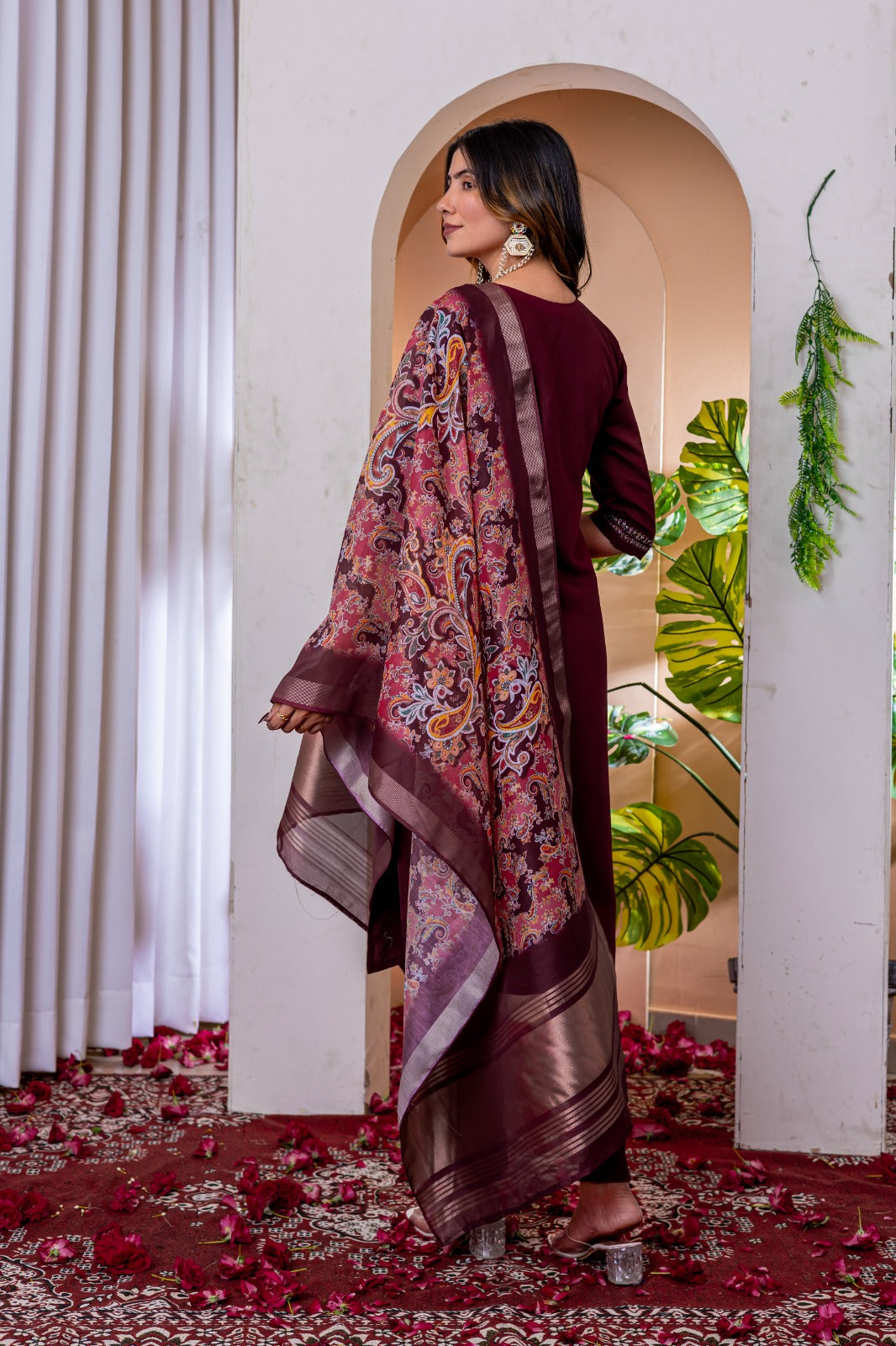 Elegant Silk Straight Pant-Suit Sets in Three Royal Shades Adorned with Exquisite Hand-Embroidered Necklines ✨