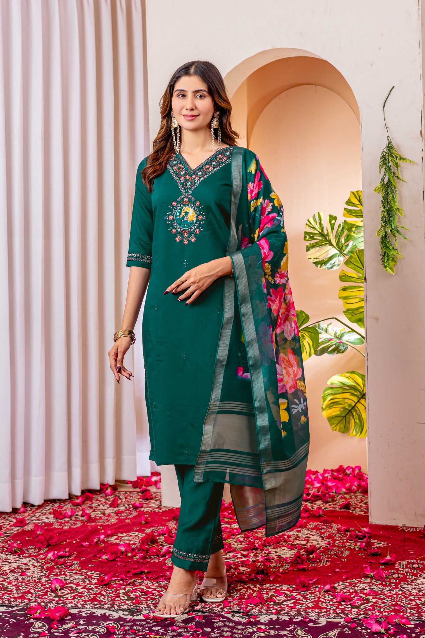 Elegant Silk Straight Pant-Suit Sets in Three Royal Shades Adorned with Exquisite Hand-Embroidered Necklines ✨