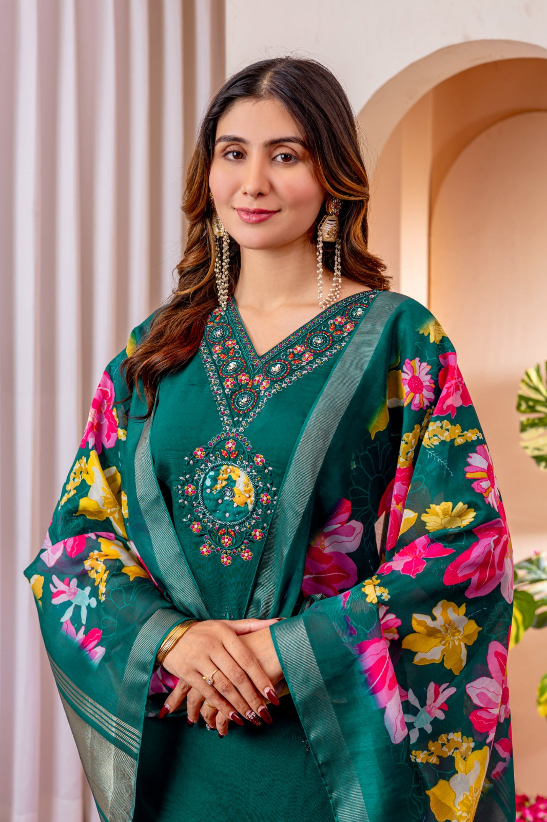 Elegant Silk Straight Pant-Suit Sets in Three Royal Shades Adorned with Exquisite Hand-Embroidered Necklines ✨