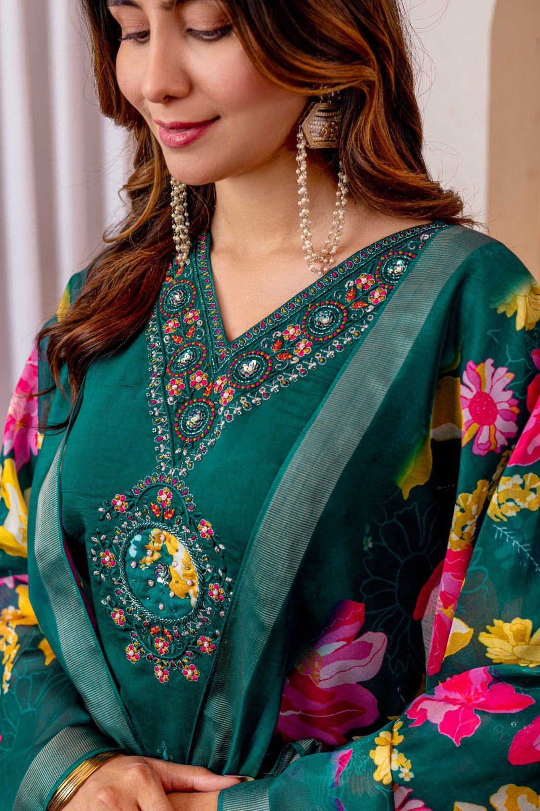 Elegant Silk Straight Pant-Suit Sets in Three Royal Shades Adorned with Exquisite Hand-Embroidered Necklines ✨