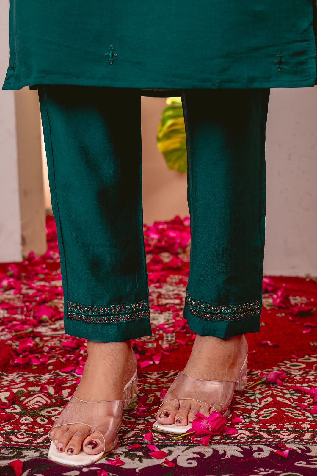 Elegant Silk Straight Pant-Suit Sets in Three Royal Shades Adorned with Exquisite Hand-Embroidered Necklines ✨