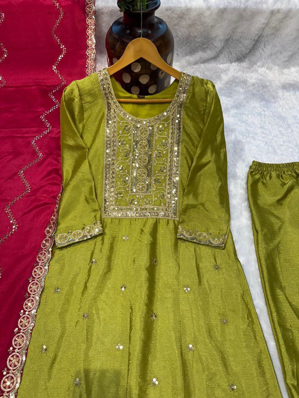 NEW  colour 3-pair Suit Set you've described seems to be a party wear outfit made from have pure chinon  fabric with  sequence  embroidery work .