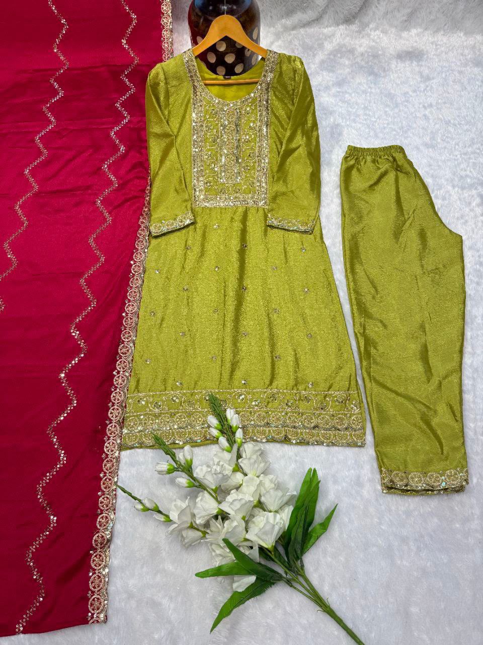 NEW  colour 3-pair Suit Set you've described seems to be a party wear outfit made from have pure chinon  fabric with  sequence  embroidery work .