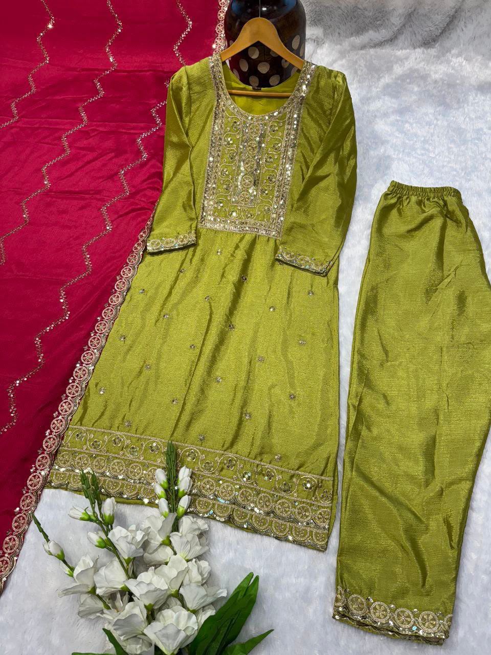NEW  colour 3-pair Suit Set you've described seems to be a party wear outfit made from have pure chinon  fabric with  sequence  embroidery work .