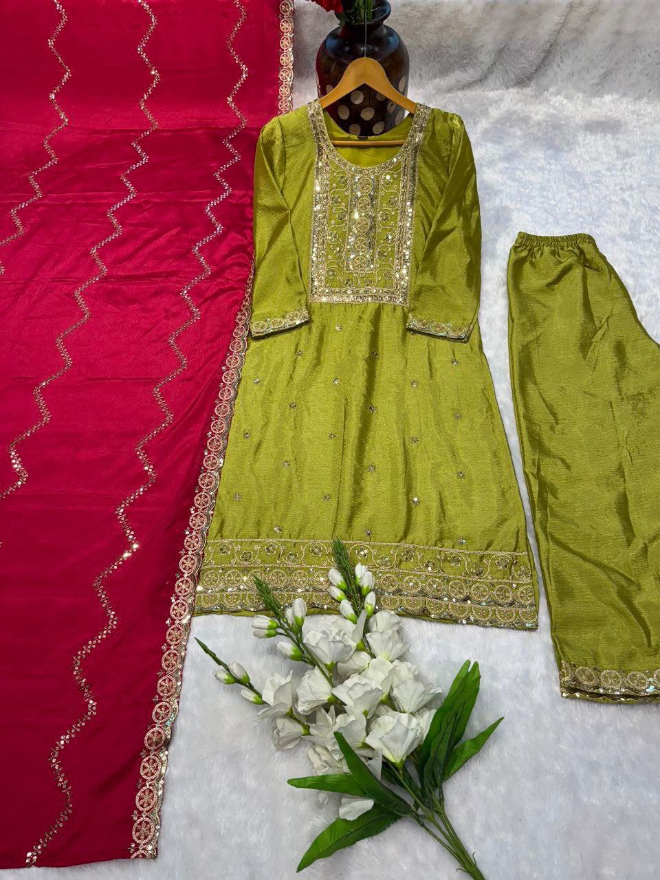NEW  colour 3-pair Suit Set you've described seems to be a party wear outfit made from have pure chinon  fabric with  sequence  embroidery work .