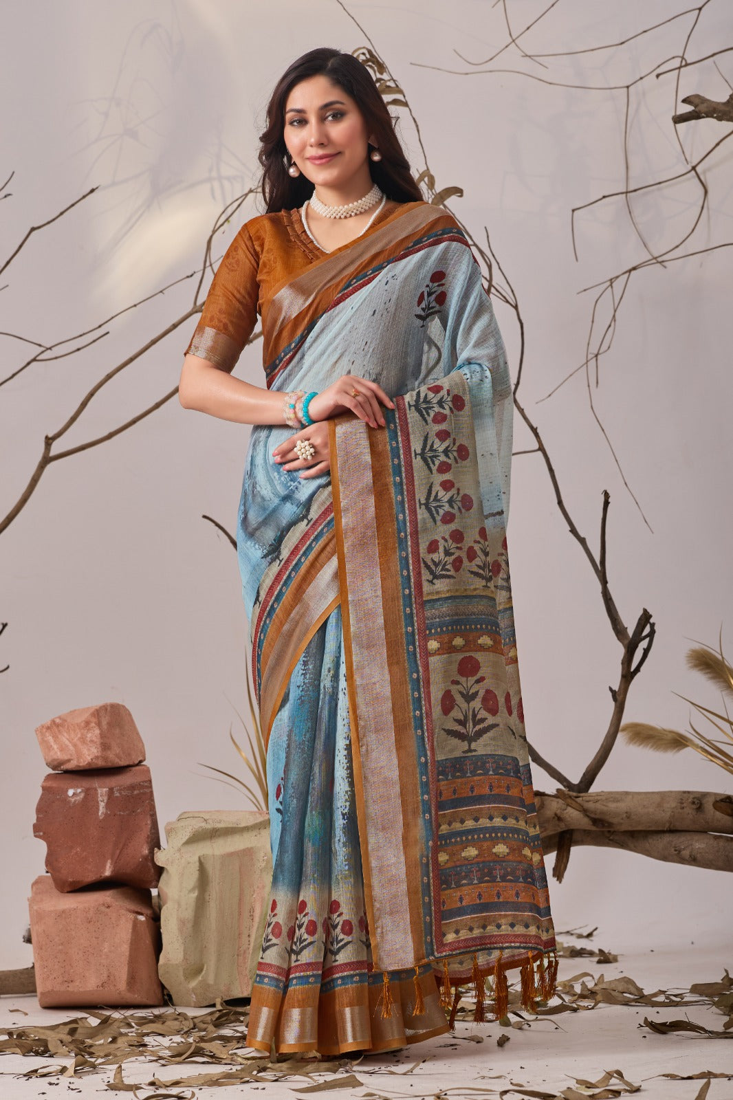 Contemporary Earthy-Toned Blue Traditional Printed Saree
