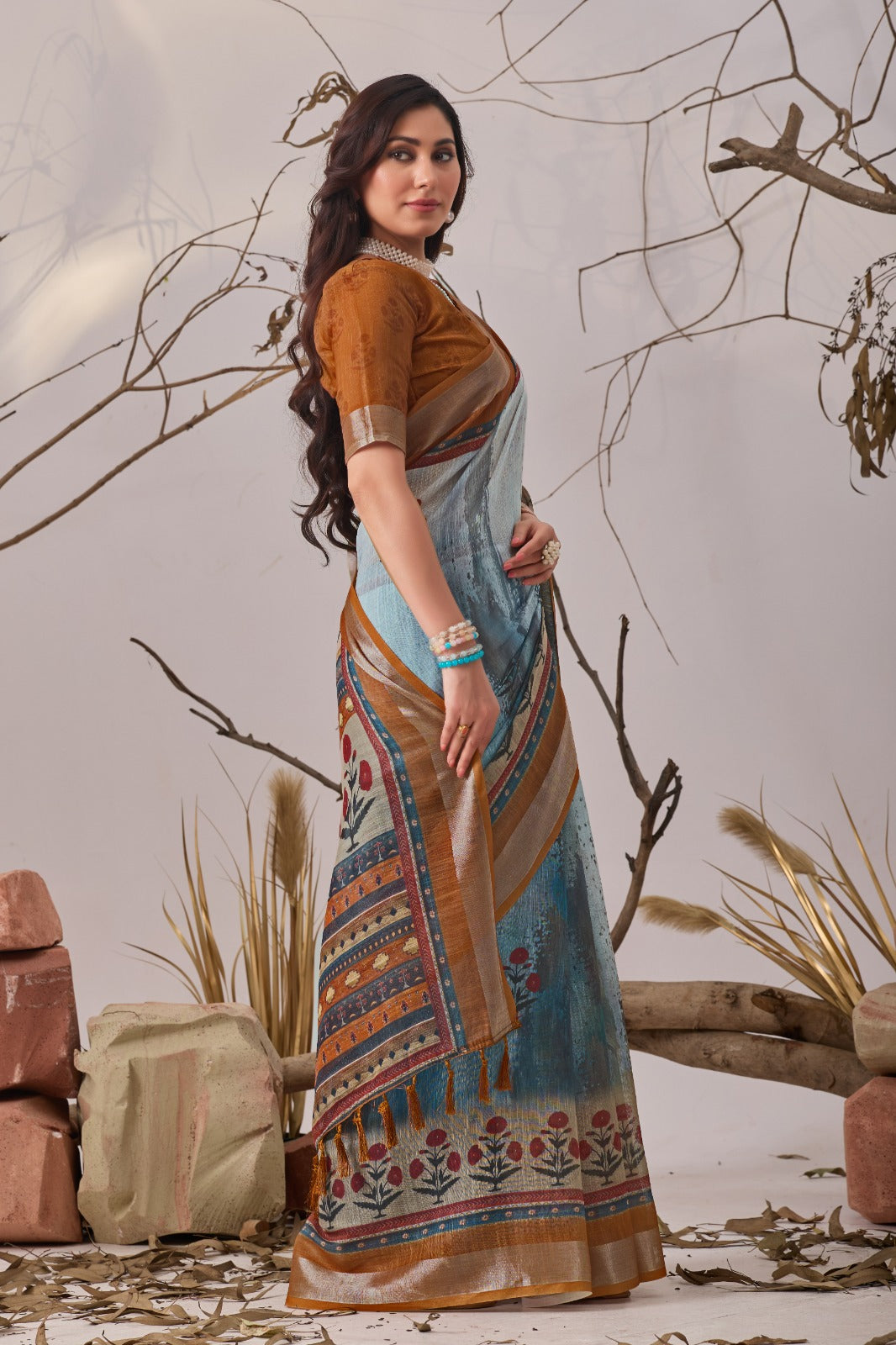 Contemporary Earthy-Toned Blue Traditional Printed Saree
