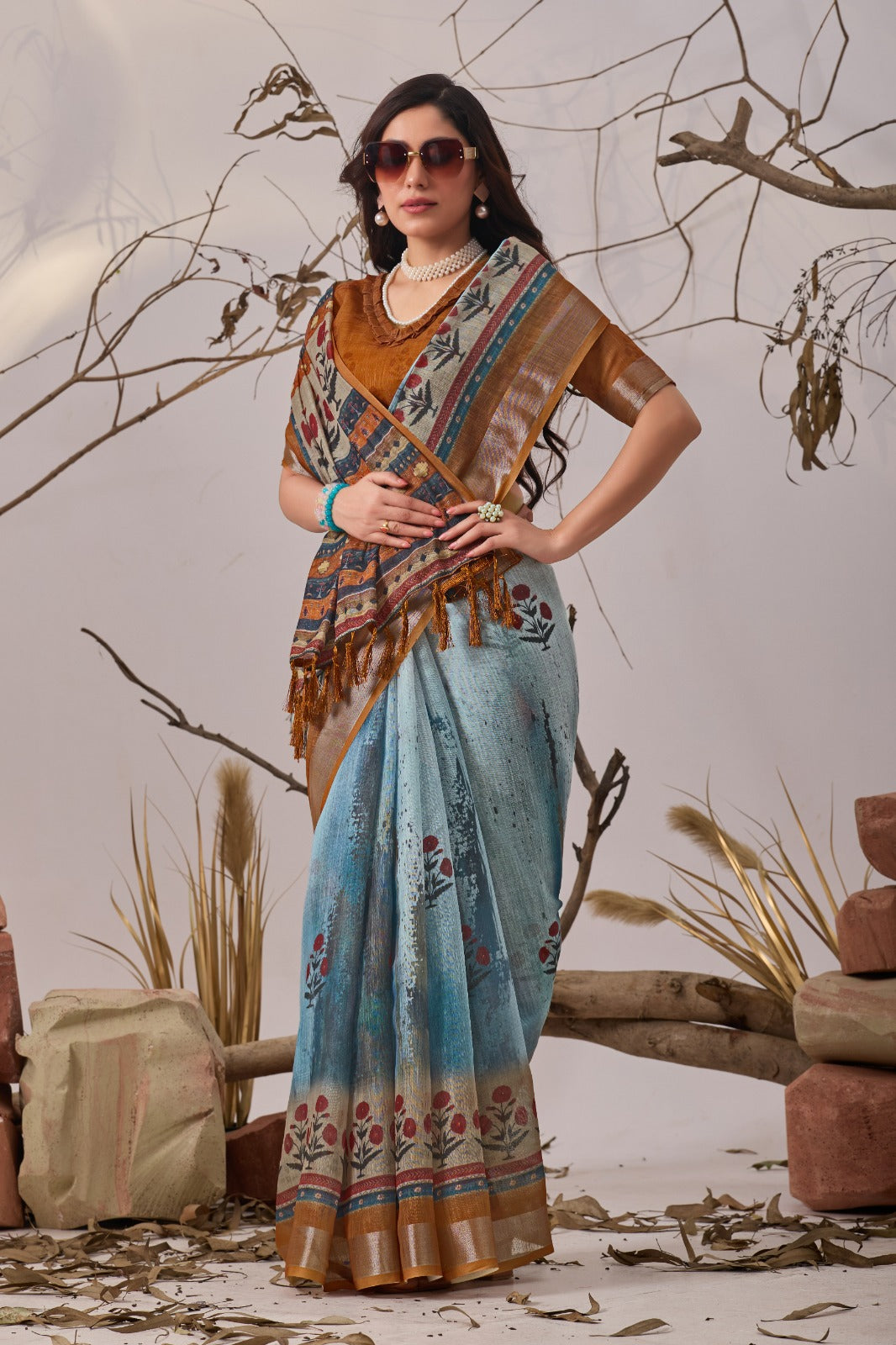 Contemporary Earthy-Toned Blue Traditional Printed Saree