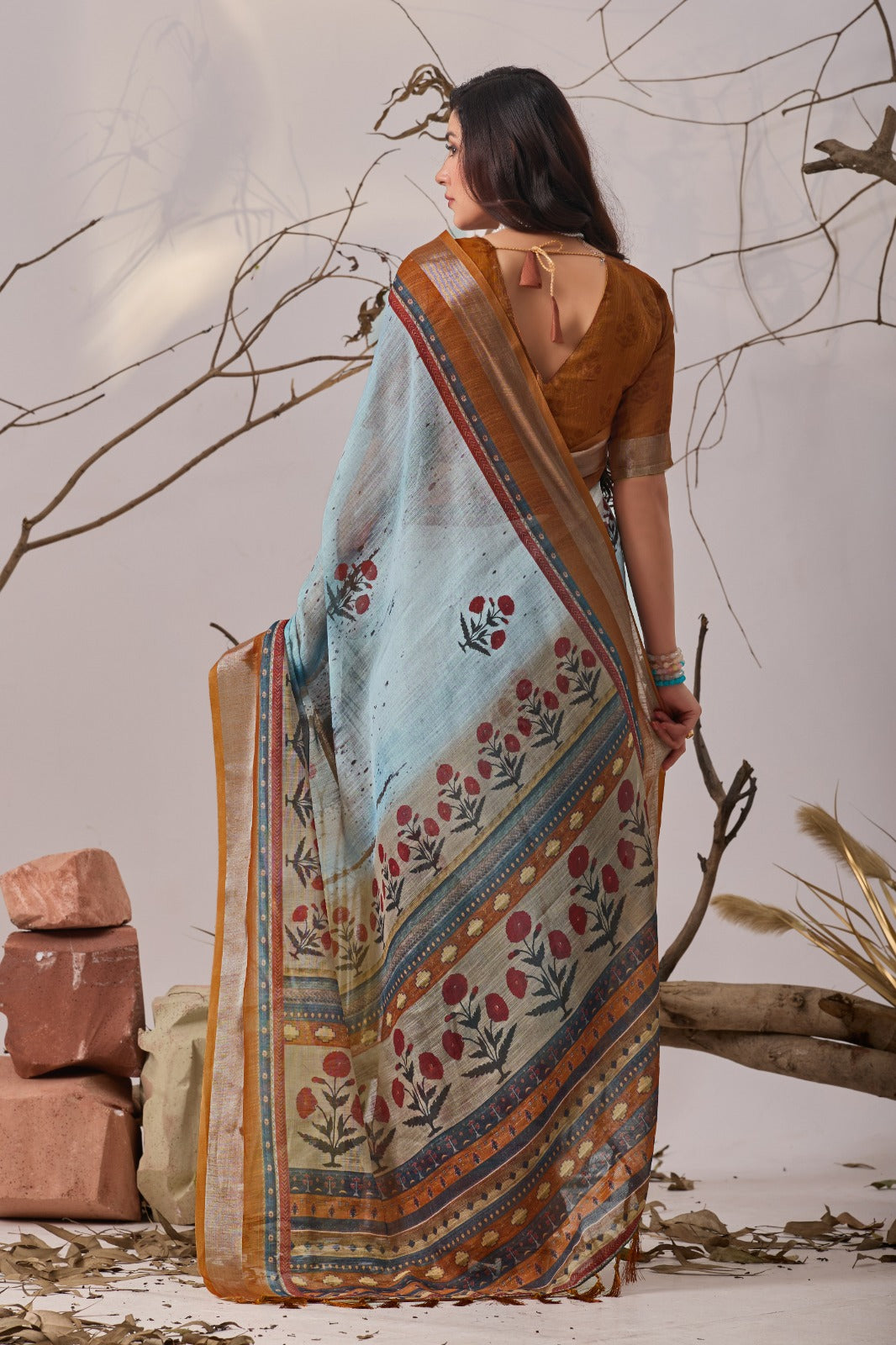 Contemporary Earthy-Toned Blue Traditional Printed Saree