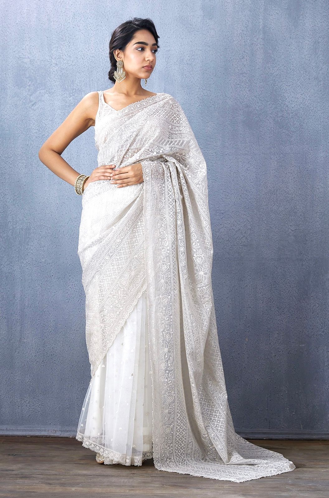Pure White Lucknowi Chikankari Festive Saree featuring Intricate Floral Threadwork & Scalloped Borders