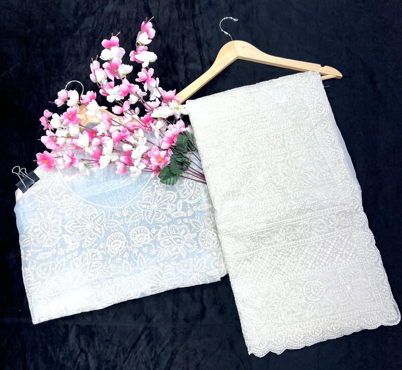 Pure White Lucknowi Chikankari Festive Saree featuring Intricate Floral Threadwork & Scalloped Borders