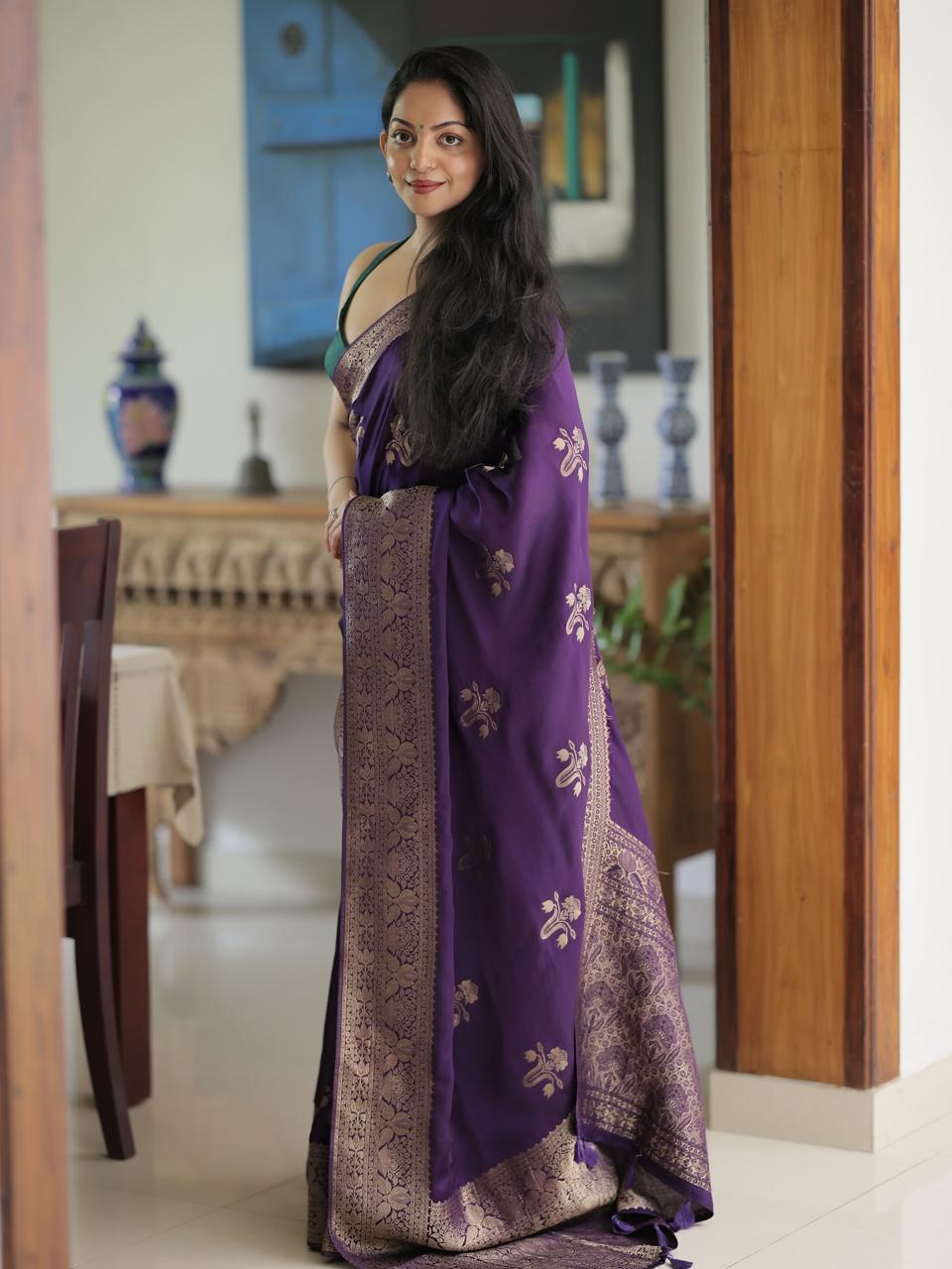This beautiful saree is elegantly decorated with gorgeous Solid Jacquard weave that gives a perfect look to the outfit.