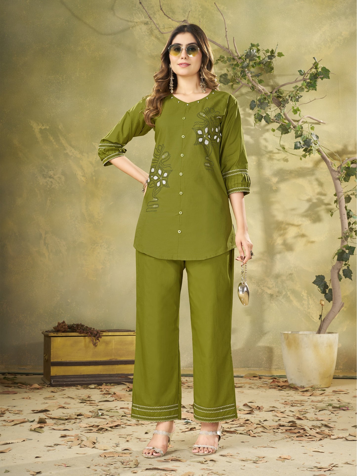 Women's Cotton-Blend Co-Ord Set – Casual Button-Down Tunic with Straight-Fit Pants featuring Delicate Kashmiri Embroidery Accents