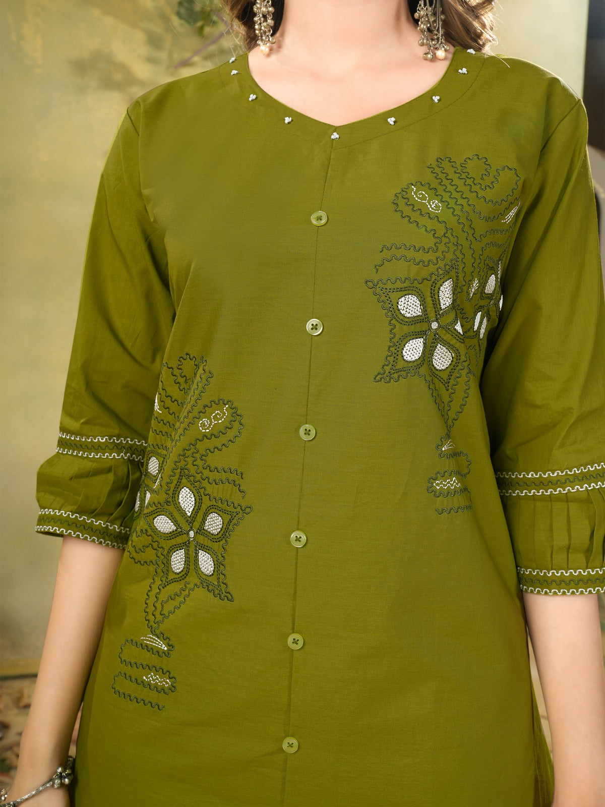 Women's Cotton-Blend Co-Ord Set – Casual Button-Down Tunic with Straight-Fit Pants featuring Delicate Kashmiri Embroidery Accents