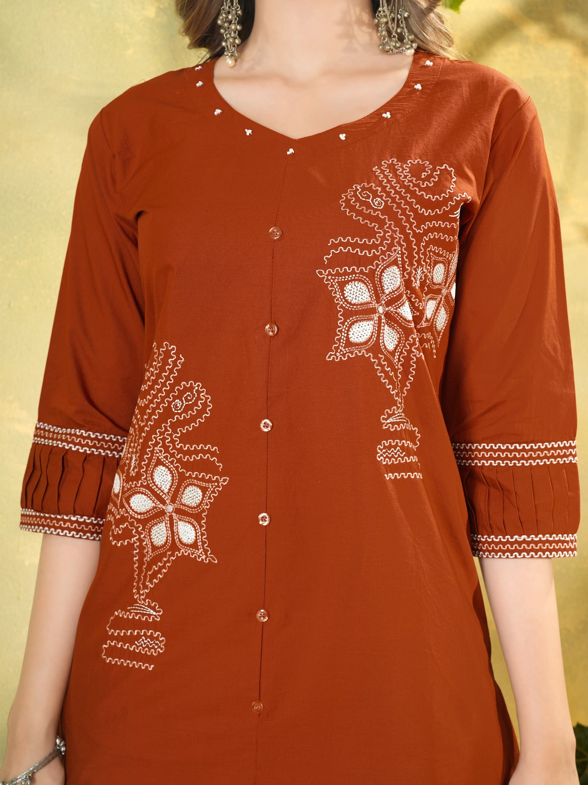 Women's Cotton-Blend Co-Ord Set – Casual Button-Down Tunic with Straight-Fit Pants featuring Delicate Kashmiri Embroidery Accents