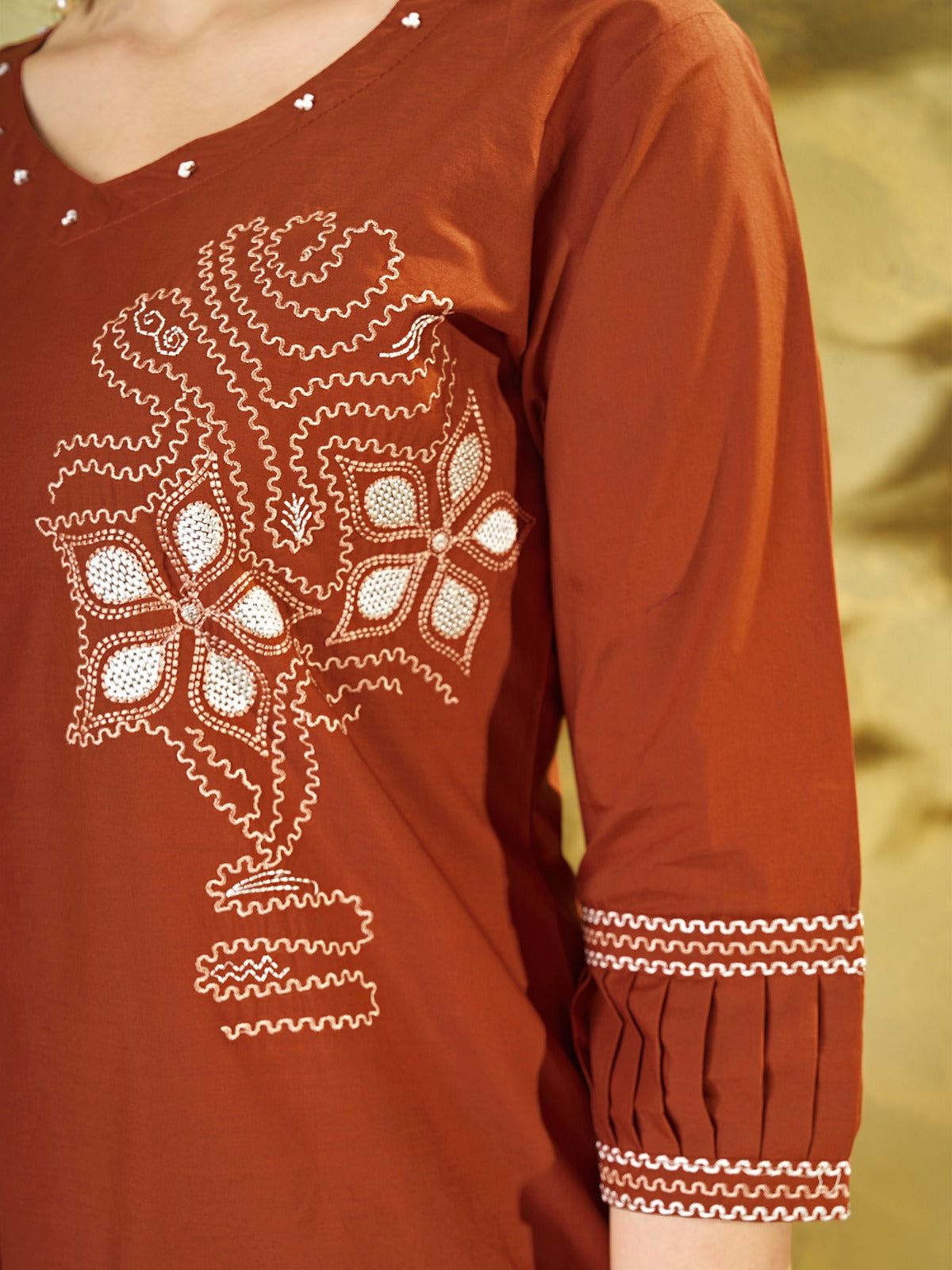 Women's Cotton-Blend Co-Ord Set – Casual Button-Down Tunic with Straight-Fit Pants featuring Delicate Kashmiri Embroidery Accents
