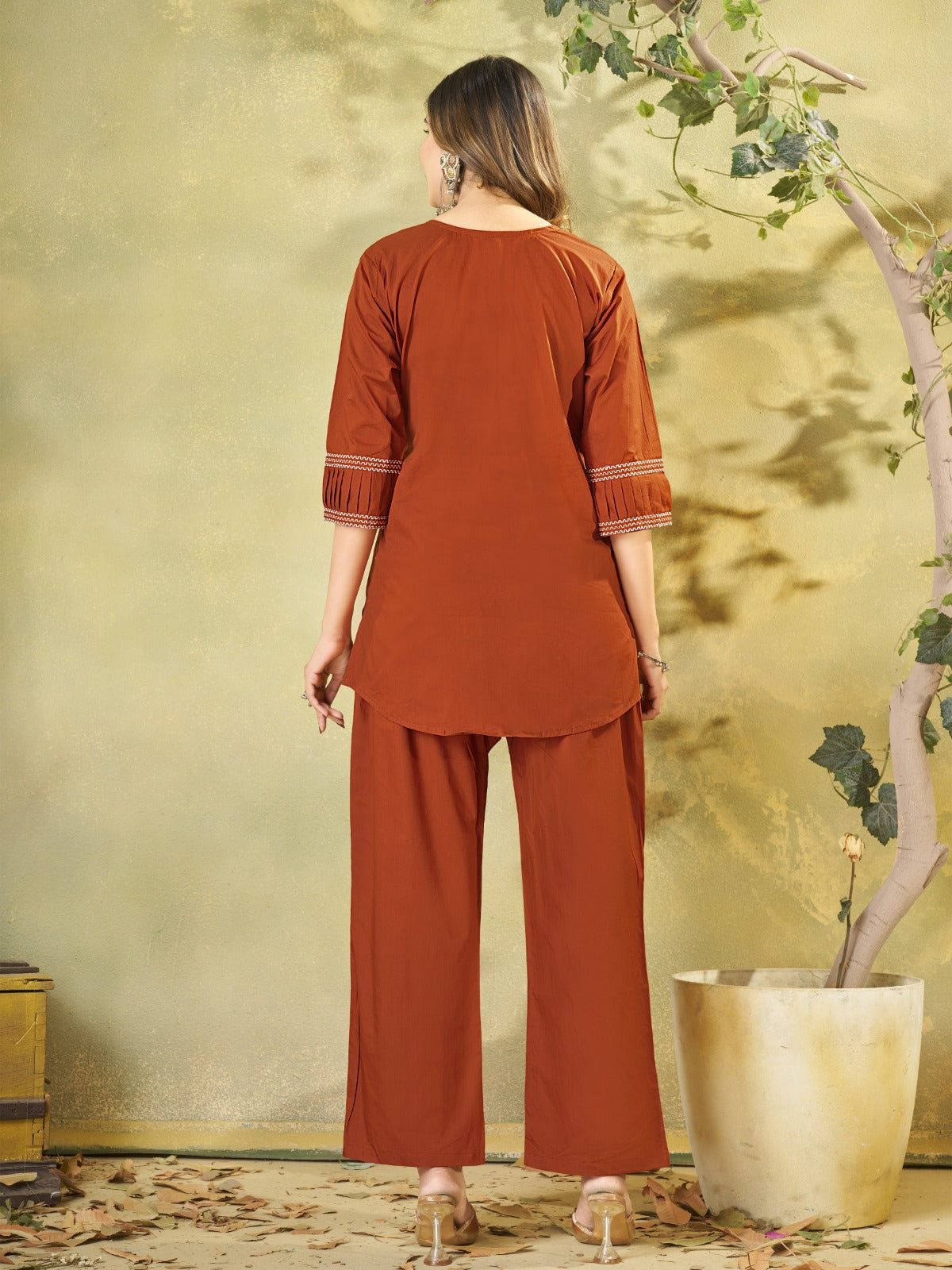 Women's Cotton-Blend Co-Ord Set – Casual Button-Down Tunic with Straight-Fit Pants featuring Delicate Kashmiri Embroidery Accents