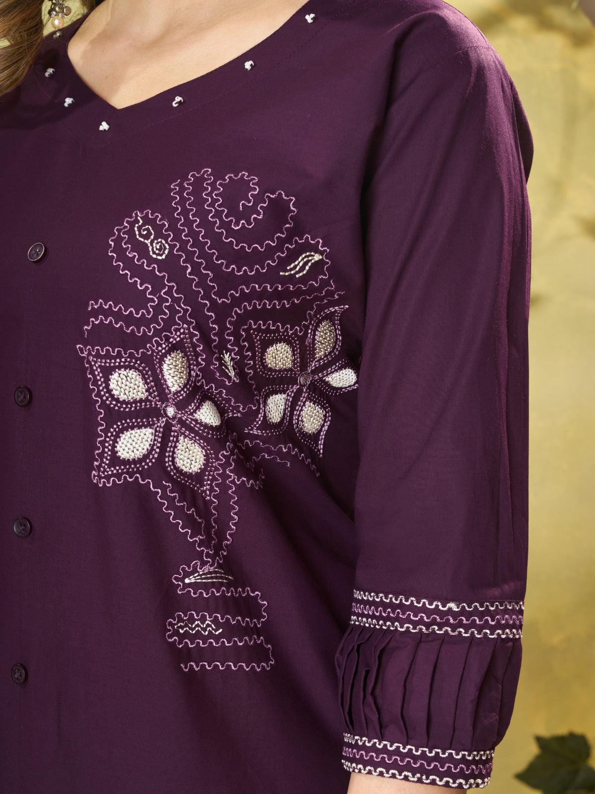 Women's Cotton-Blend Co-Ord Set – Casual Button-Down Tunic with Straight-Fit Pants featuring Delicate Kashmiri Embroidery Accents