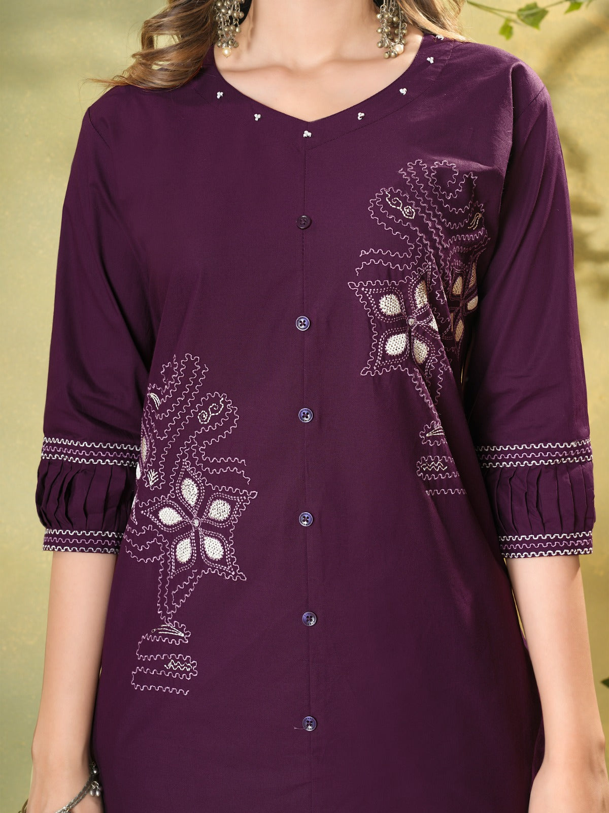 Women's Cotton-Blend Co-Ord Set – Casual Button-Down Tunic with Straight-Fit Pants featuring Delicate Kashmiri Embroidery Accents