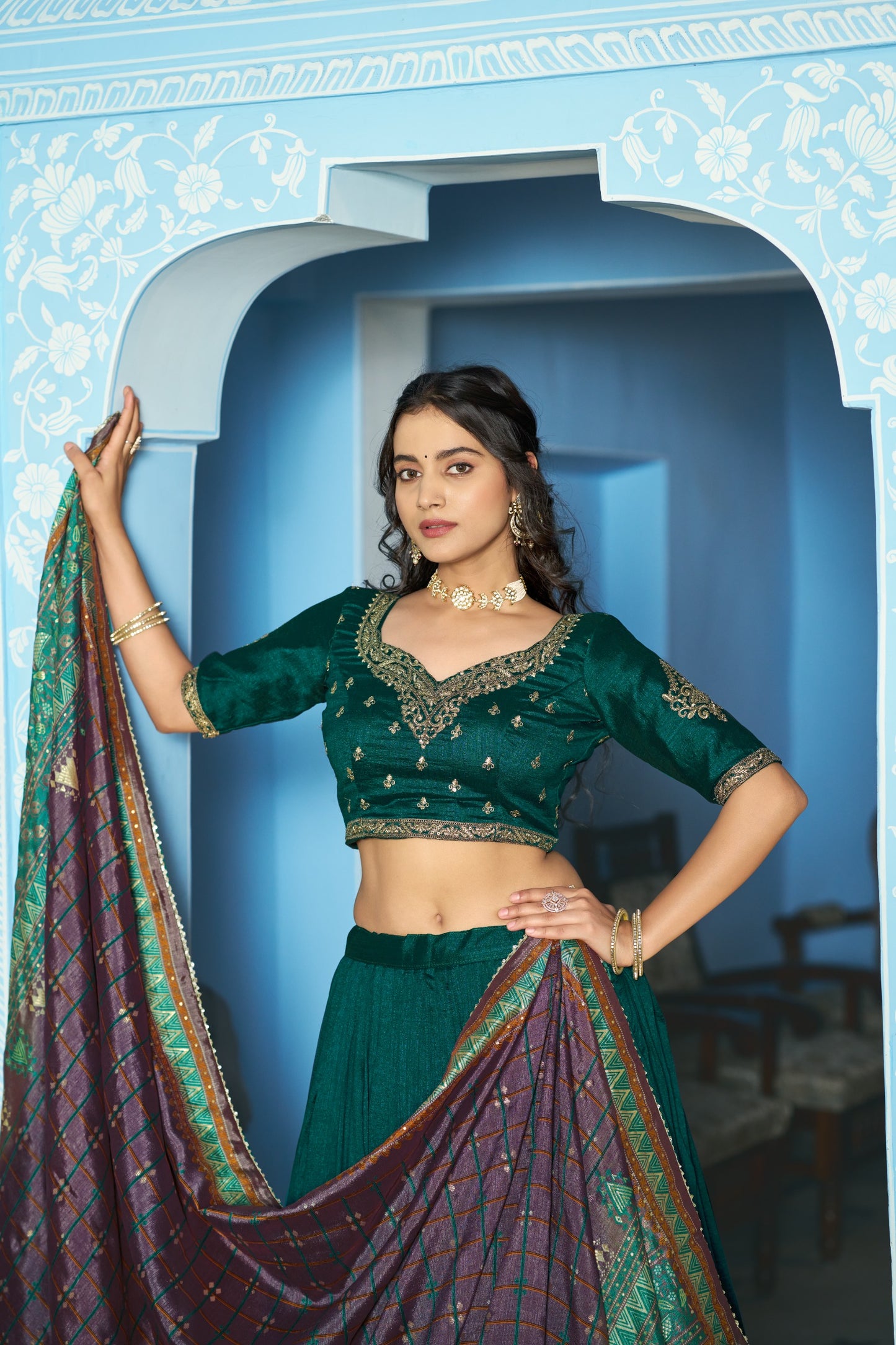 Grace that speaks for itself  Crafted in luxurious Vichitra silk, this lehenga brings a refined and royal touch to your festive wardrobe.✨