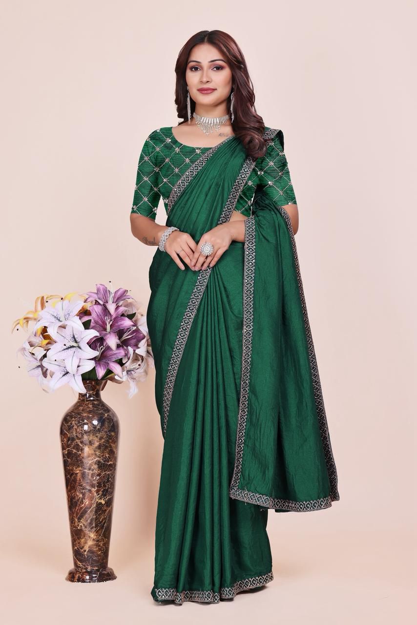 Dola Silk With Beautiful Embroidery Coding + Sequence Work On Lace Border saree
