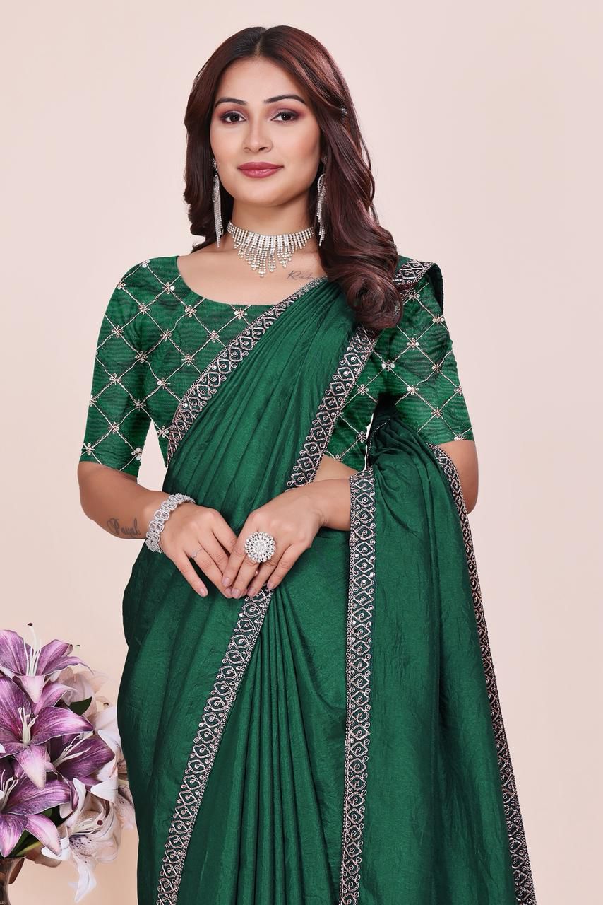 Dola Silk With Beautiful Embroidery Coding + Sequence Work On Lace Border saree