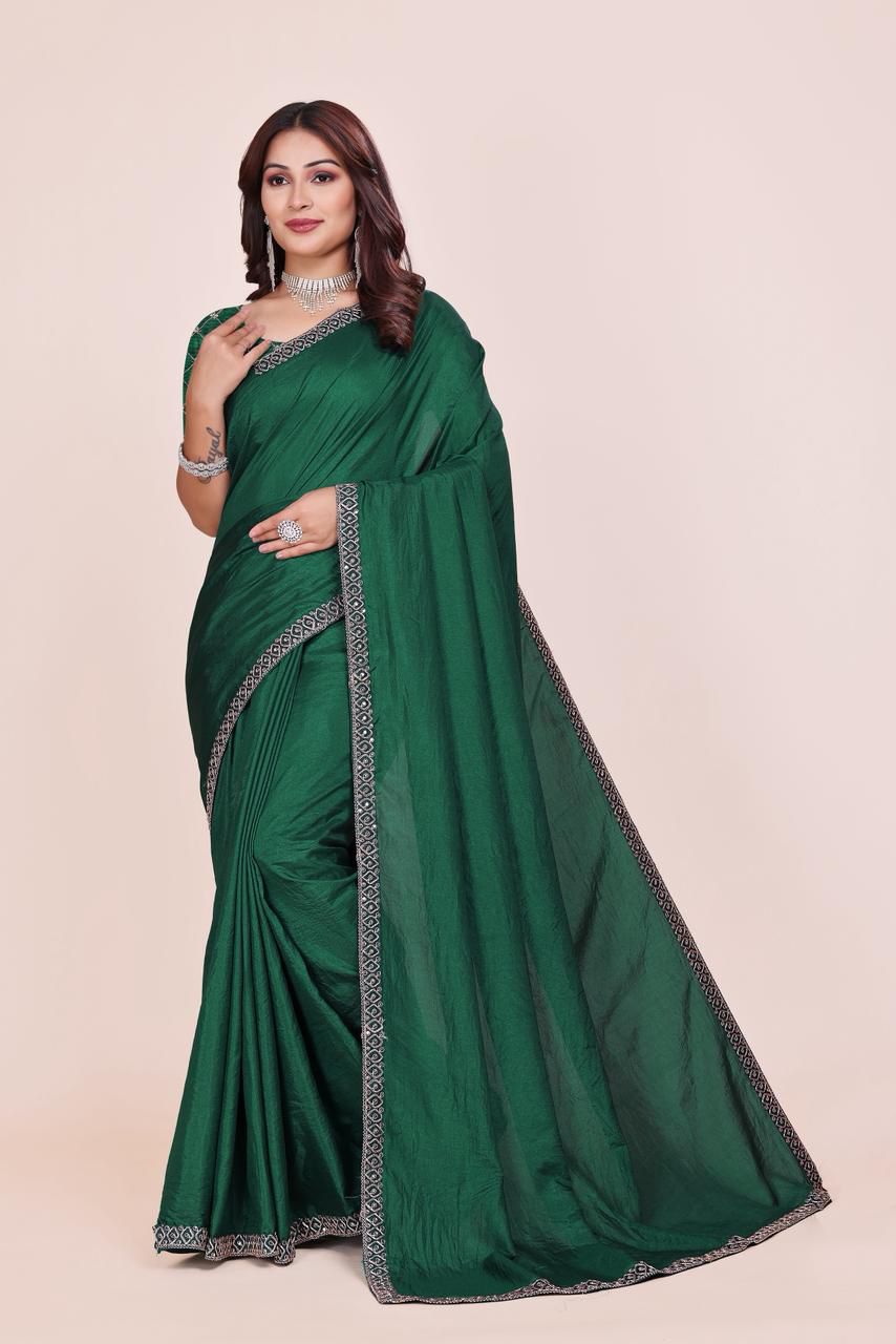 Dola Silk With Beautiful Embroidery Coding + Sequence Work On Lace Border saree