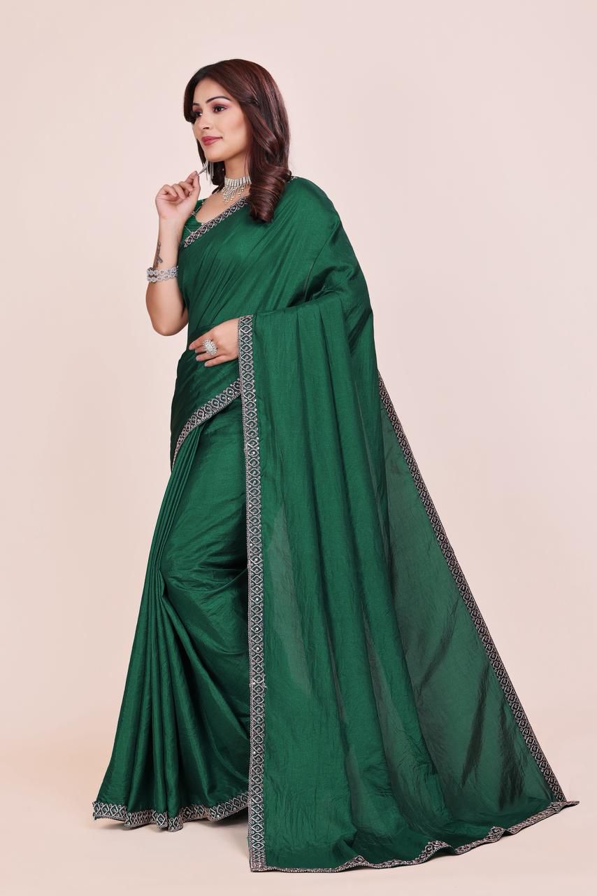 Dola Silk With Beautiful Embroidery Coding + Sequence Work On Lace Border saree