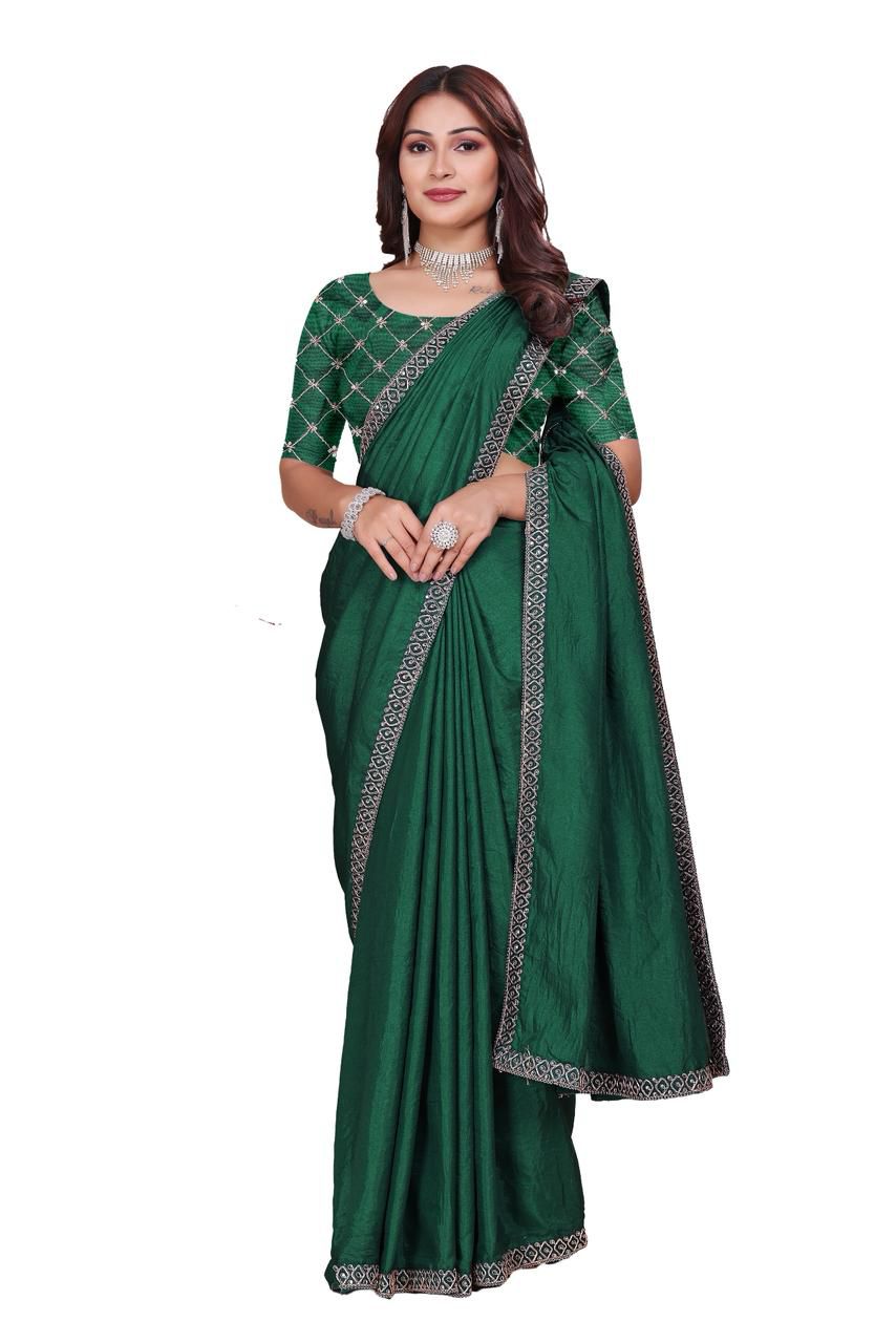 Dola Silk With Beautiful Embroidery Coding + Sequence Work On Lace Border saree