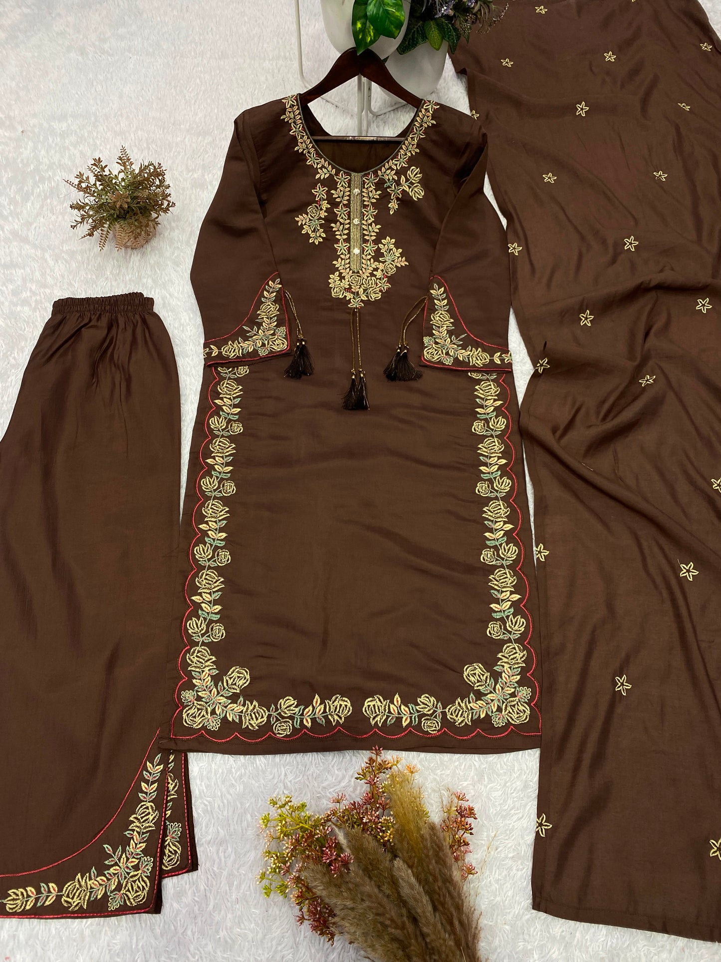 THIS WEDDING SEASON, TRY OUR DESIGNER EMBROIDERED WORKED TOP  PLAZZO SUIT WITH DUPATTA