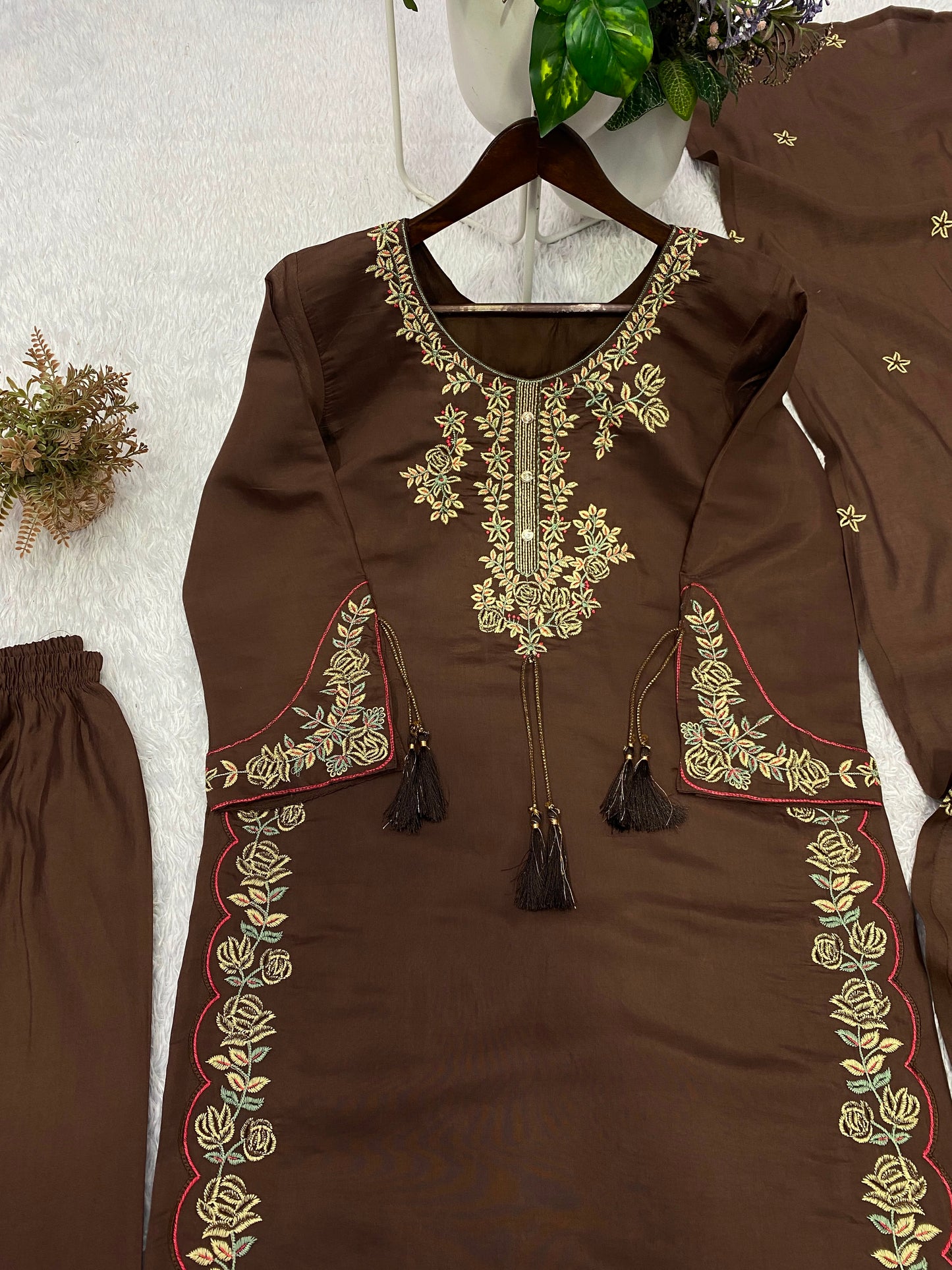 THIS WEDDING SEASON, TRY OUR DESIGNER EMBROIDERED WORKED TOP  PLAZZO SUIT WITH DUPATTA