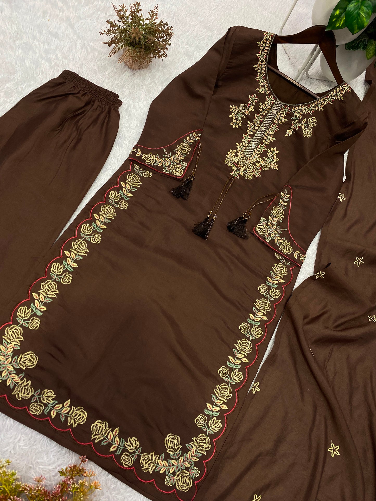 THIS WEDDING SEASON, TRY OUR DESIGNER EMBROIDERED WORKED TOP  PLAZZO SUIT WITH DUPATTA