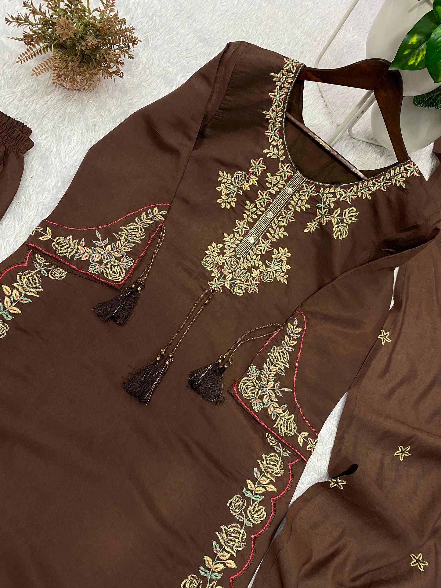 THIS WEDDING SEASON, TRY OUR DESIGNER EMBROIDERED WORKED TOP  PLAZZO SUIT WITH DUPATTA