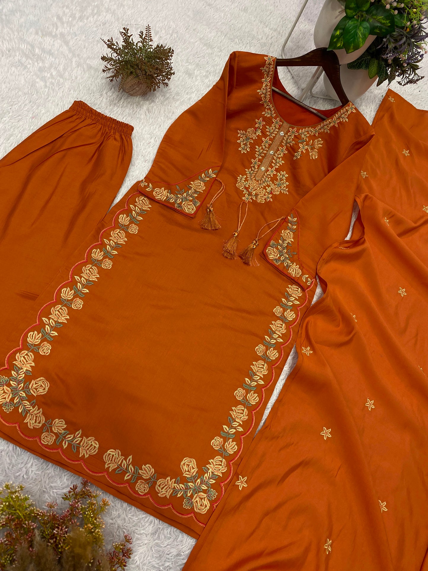 THIS WEDDING SEASON, TRY OUR DESIGNER EMBROIDERED WORKED TOP  PLAZZO SUIT WITH DUPATTA
