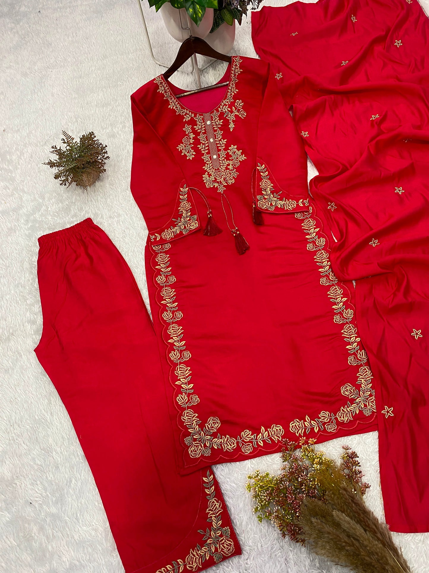 THIS WEDDING SEASON, TRY OUR DESIGNER EMBROIDERED WORKED TOP  PLAZZO SUIT WITH DUPATTA