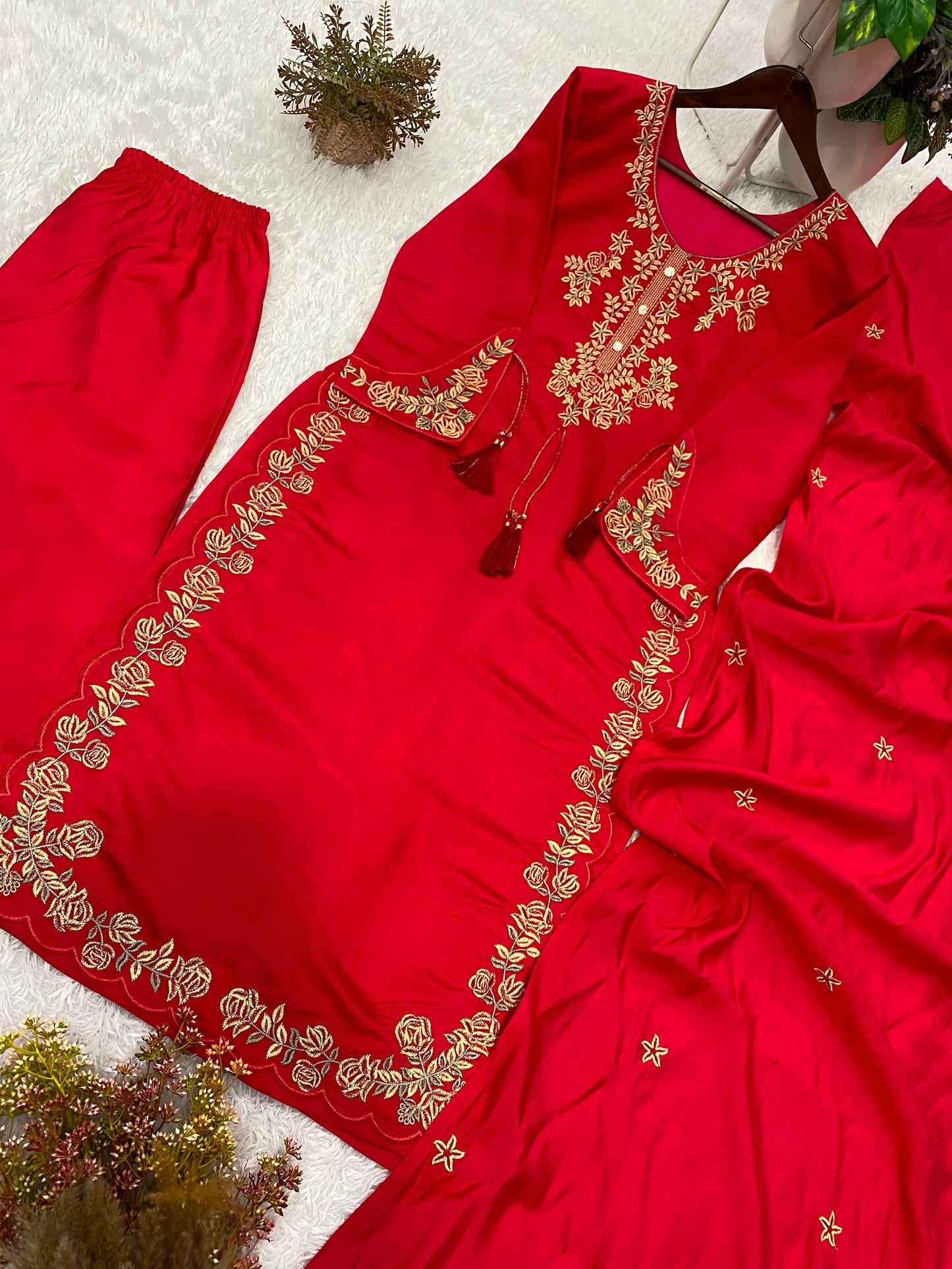 THIS WEDDING SEASON, TRY OUR DESIGNER EMBROIDERED WORKED TOP  PLAZZO SUIT WITH DUPATTA