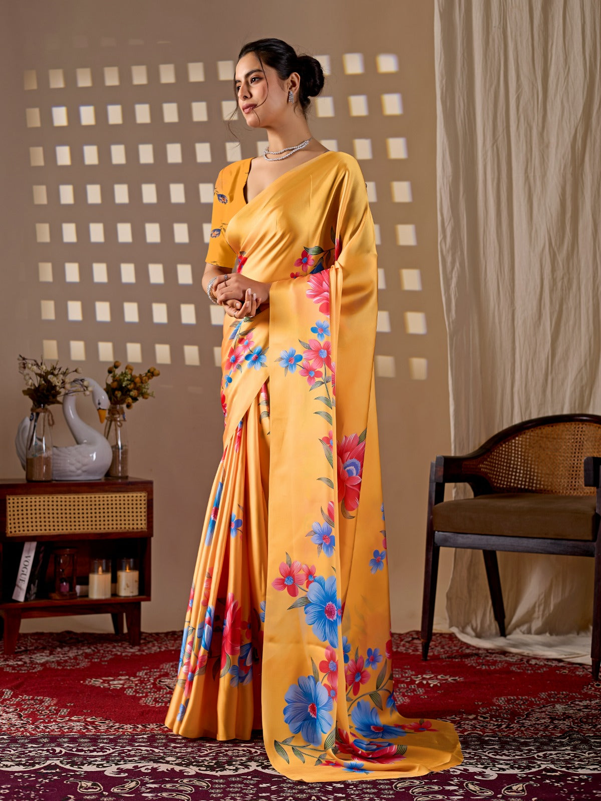 Elegant Golden Ochre Silk-Satin Saree Featuring Bold Contemporary Botanical Flower Motifs