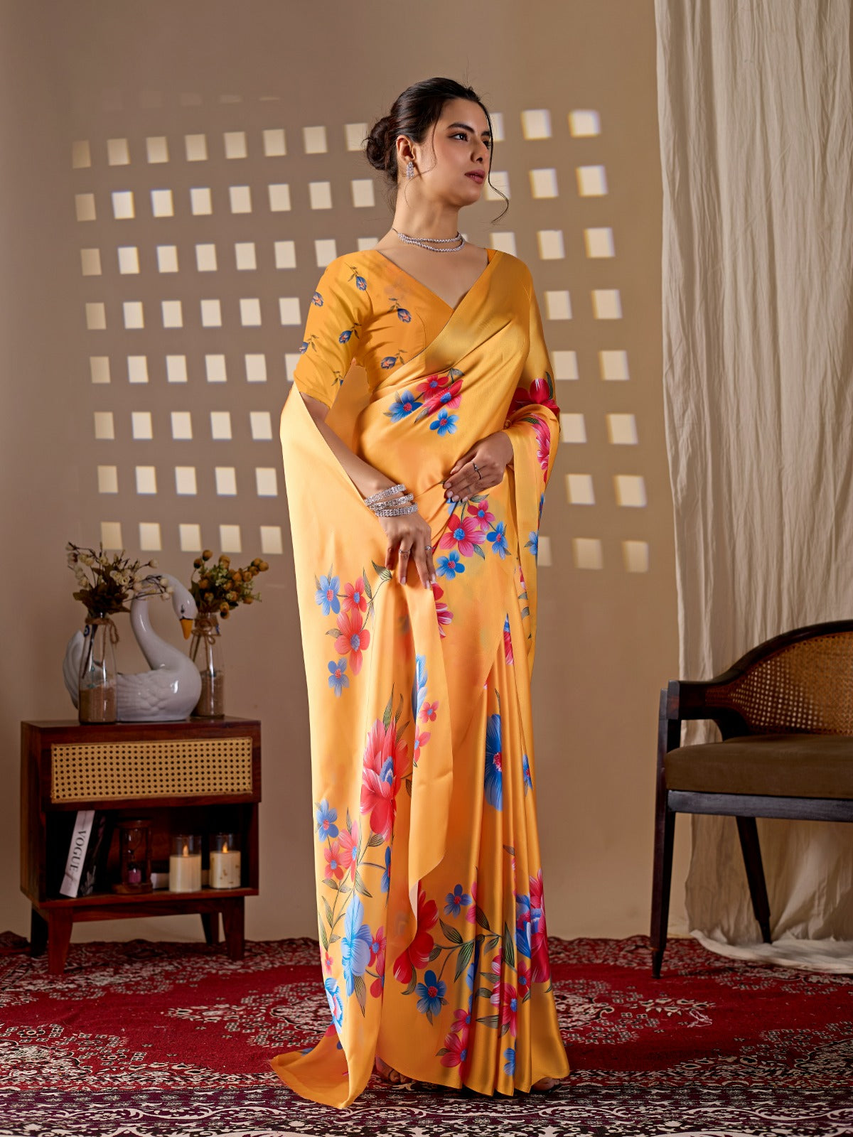 Elegant Golden Ochre Silk-Satin Saree Featuring Bold Contemporary Botanical Flower Motifs