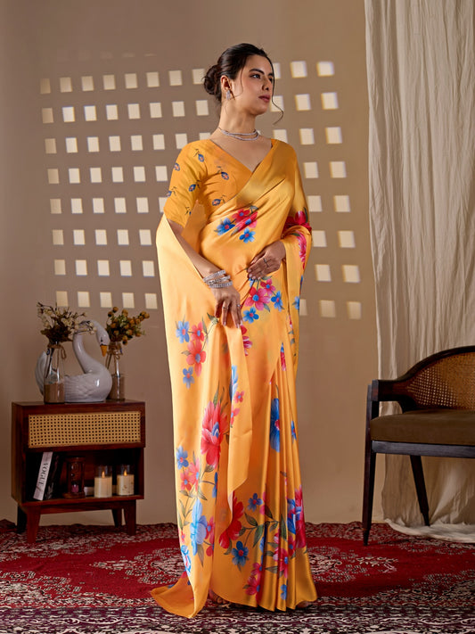 Elegant Golden Ochre Silk-Satin Saree Featuring Bold Contemporary Botanical Flower Motifs