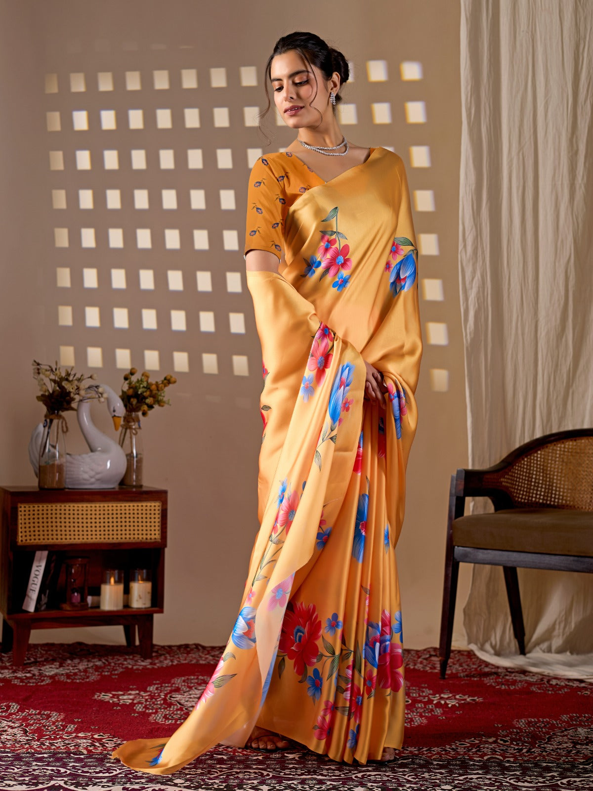 Elegant Golden Ochre Silk-Satin Saree Featuring Bold Contemporary Botanical Flower Motifs