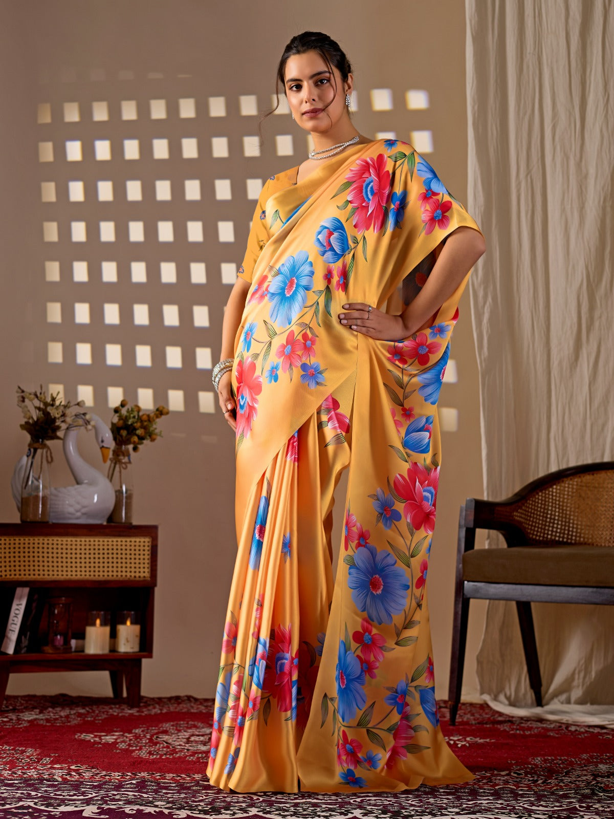 Elegant Golden Ochre Silk-Satin Saree Featuring Bold Contemporary Botanical Flower Motifs