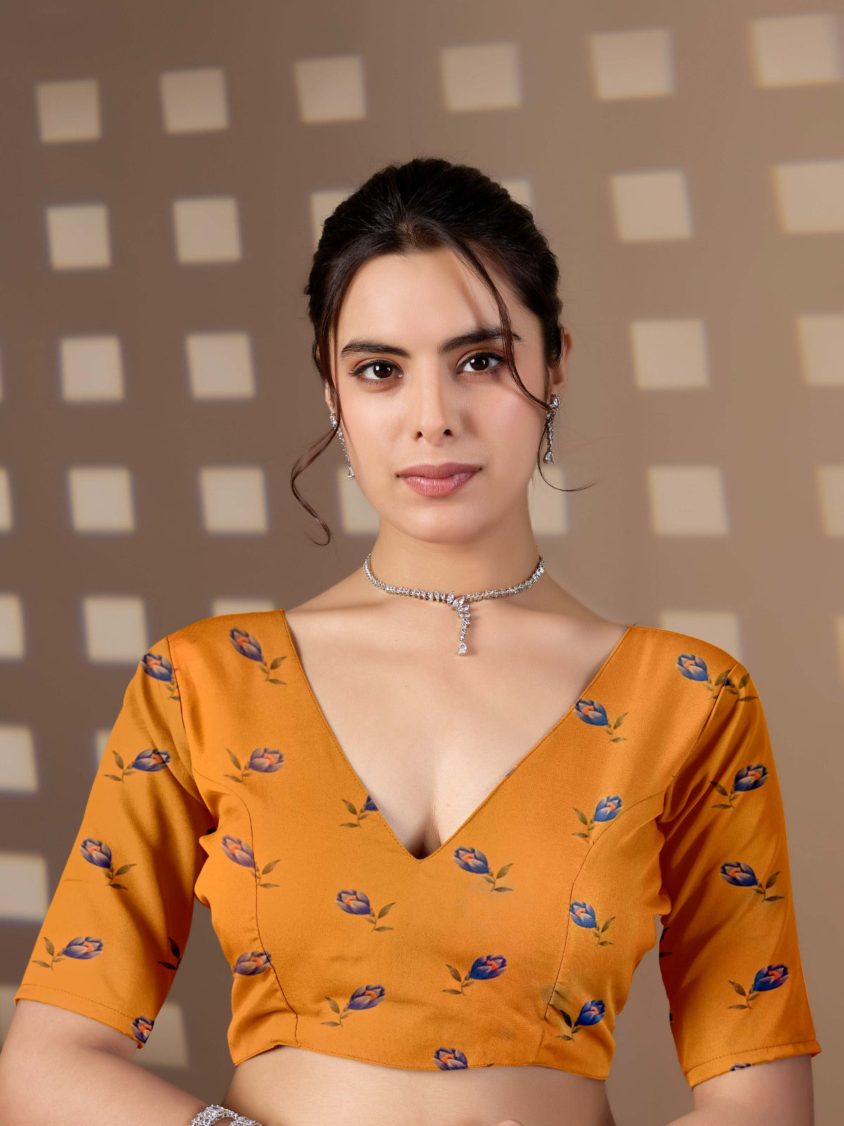 Elegant Golden Ochre Silk-Satin Saree Featuring Bold Contemporary Botanical Flower Motifs