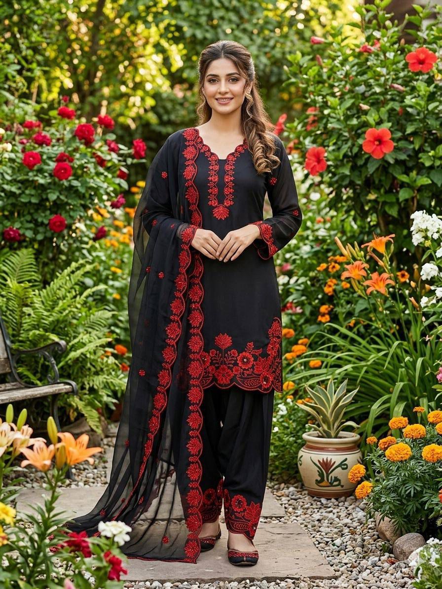 ✨ REAL MODLING THIS SEASON WEAR OUR SEQUENCE EMBROIDERY WORKED TOP, FARSI SALWAAR WITH DUPATTA ✨