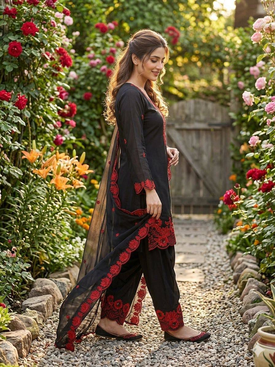 ✨ REAL MODLING THIS SEASON WEAR OUR SEQUENCE EMBROIDERY WORKED TOP, FARSI SALWAAR WITH DUPATTA ✨